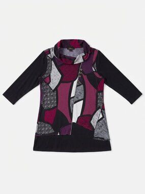 Emotions - Plum B&W - Abstract Geometric Cowl-Neck Sweater Tunic – Size Large